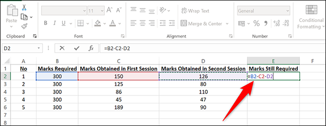 Insira a fórmula de subtração múltipla na célula E2 do Excel.