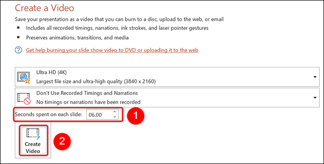 Especifique a duração do slide e clique em "Criar vídeo" na página "Criar um vídeo" no PowerPoint.