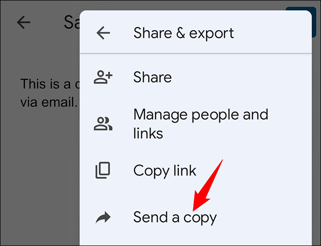 Escolha "Enviar uma cópia" no menu "Compartilhar e exportar".