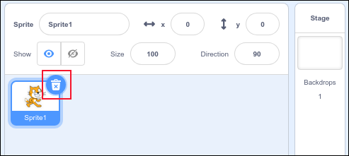 Clique em Excluir no sprite padrão do Scratch