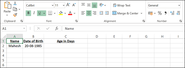 Um exemplo de planilha para encontrar a idade em dias no Excel.