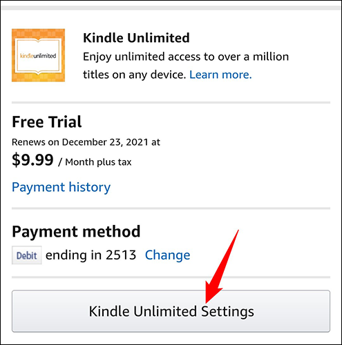 Toque no botão "Configurações ilimitadas do Kindle".