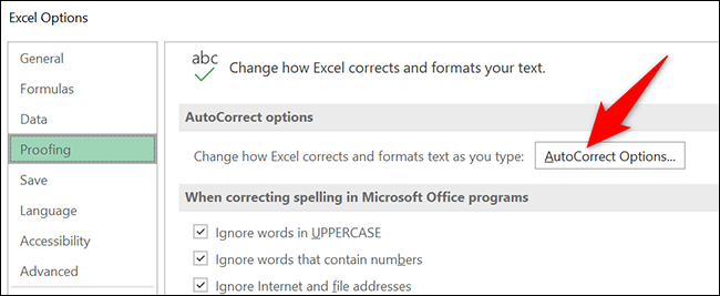 Clique em "Opções de AutoCorreção" na janela "Opções do Excel".
