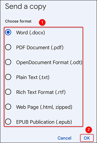 Selecione um formato de arquivo e toque em “OK”.