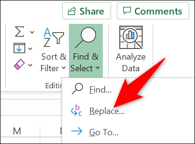 Clique em "Substituir" no menu "Localizar e selecionar".