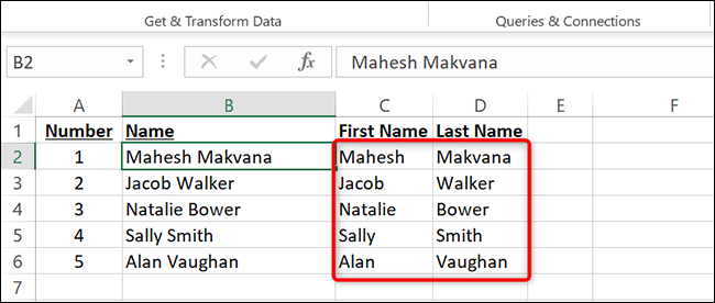 Nomes e sobrenomes separados em Excel.