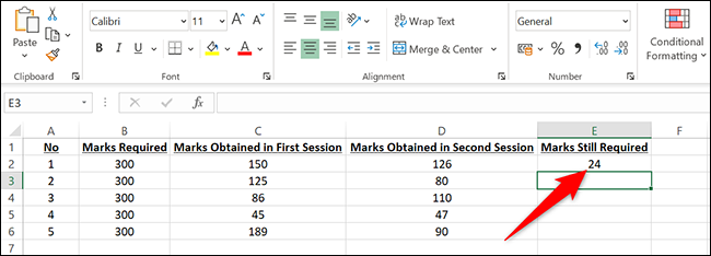 Resposta de subtração múltipla na célula E2 do Excel.