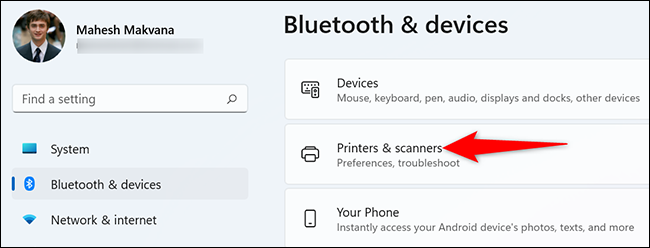 Clique em "Impressoras e Scanners" na página "Bluetooth e Dispositivos".