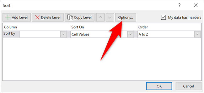 Clique em "Opções" na janela "Classificar" do Excel.