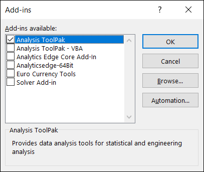 Adicionar o Analysis ToolPak