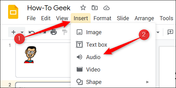 Clique em Inserir e, em seguida, clique em Áudio no menu.