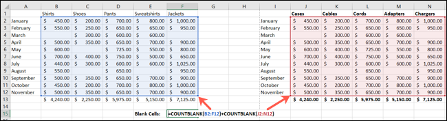 Combine COUNTBLANK para diferentes intervalos de células