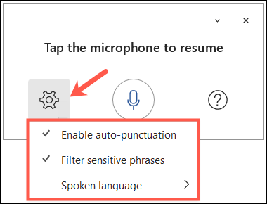 Configurações de ditado na área de trabalho do Word