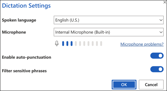 Configurações de ditado no Word na web