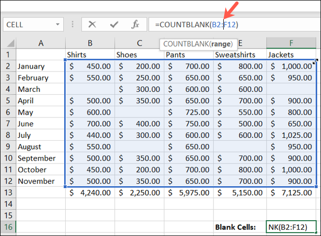 Edite a função COUNTBLANK no Excel
