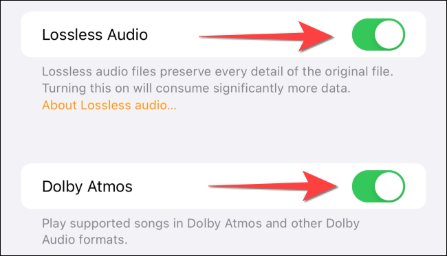 Ative os interruptores para "Áudio sem perdas" e "Dolby Atmos".