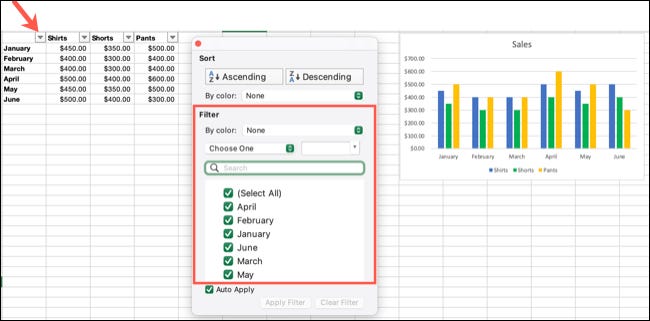 Filtre os dados no Excel no Mac