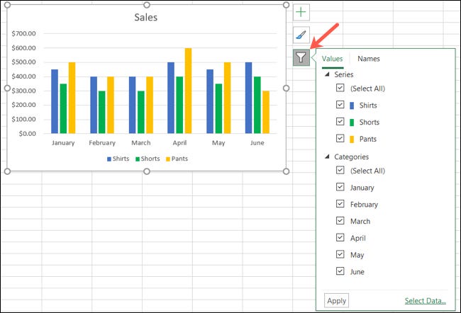 Clique em Filtros de gráfico no Excel no Windows