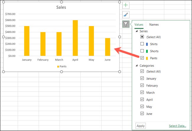 Gráfico filtrado no Excel no Windows