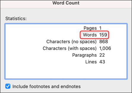 Contagem total de palavras na caixa de diálogo Contagem de palavras do Mac.