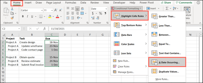Selecione Formatação Condicional, Destacar Regras de Célula, Uma Data que Ocorre