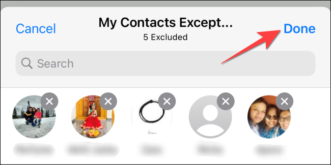 Toque em "Concluído" após selecionar os contatos a serem excluídos.