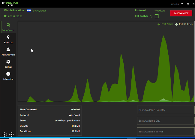 Interface principal IPVanish