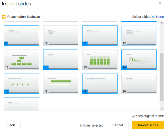 Selecione os slides para importar