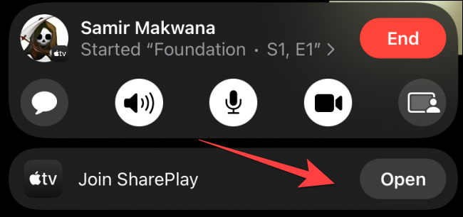 Toque no botão "Abrir" ou "Entrar no SharePlay" para aceitar o convite.