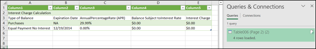 Dados carregados no Excel