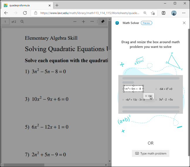 Quando o "Math Solver" abrir no lado direito, ele solicitará que você recorte uma fórmula usando a ferramenta de seleção para cobrir o texto relevante.