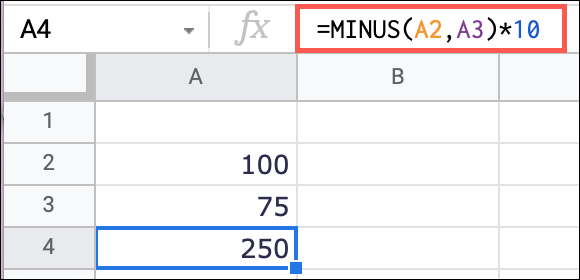 Use a função MENOS com multiplicação
