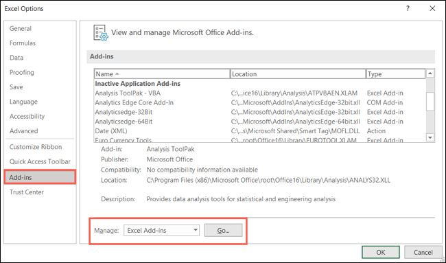 Selecione Suplementos, Gerenciar Suplementos do Excel