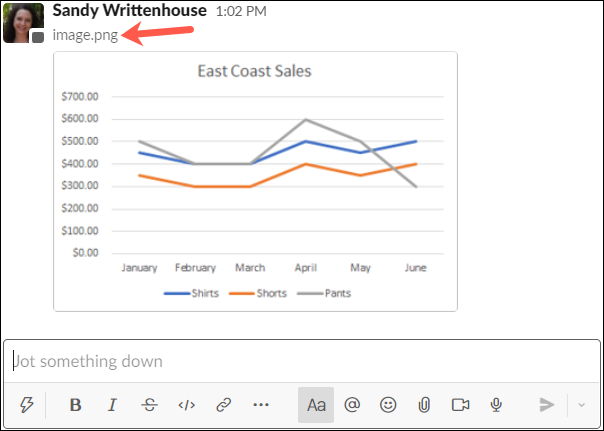 Cole um gráfico do Excel no Slack