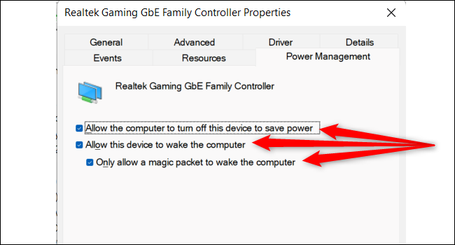 Habilite essas configurações Wake-on-Lan no Gerenciador de Dispositivos.