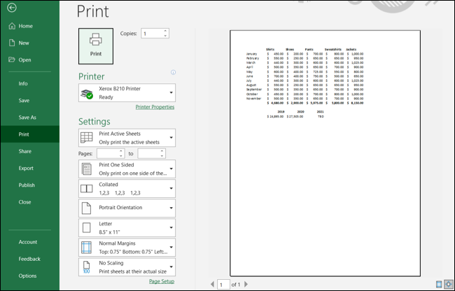 Visualização de impressão em Excel