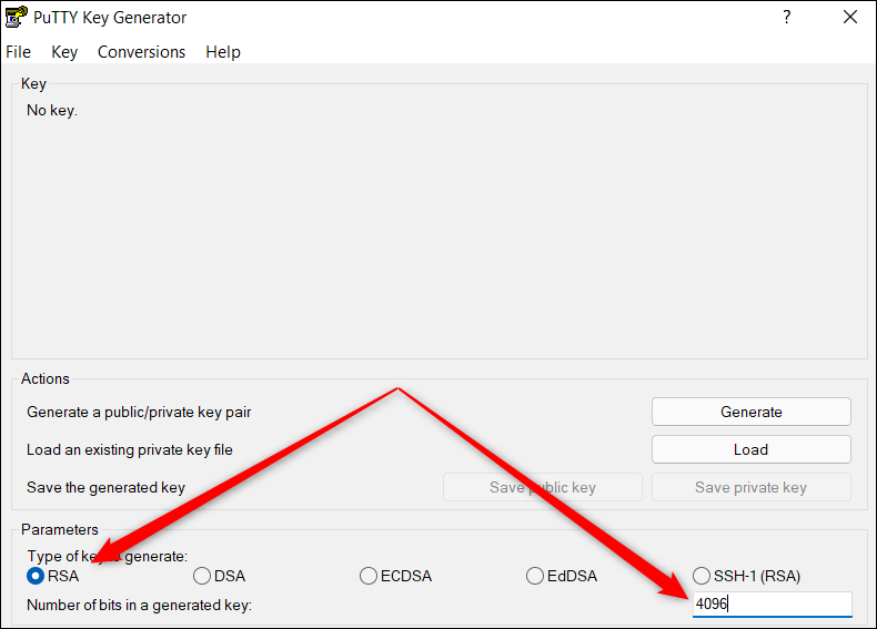 Putty Key Generator com setas vermelhas apontando para as opções de criação de chave na parte inferior da janela.