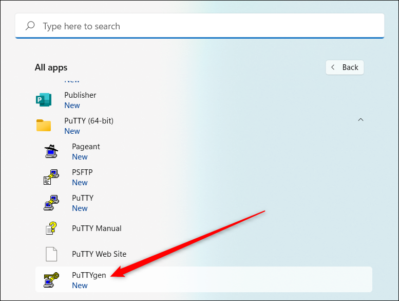 puTTY e seus programas auxiliares listados no menu Iniciar do Windows 11