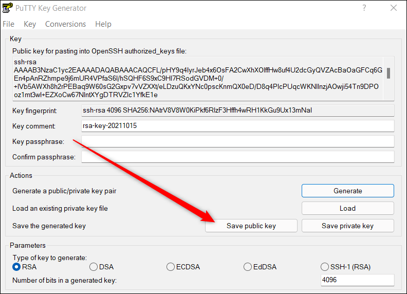 Clique no botão 'Salvar chave pública' no PuTTY.