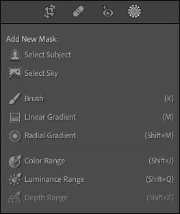Visão expandida do painel de mascaramento do Lightroom com novos recursos.  Inclui selecionar céu, selecionar assunto, ajustes locais e máscaras de alcance.