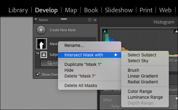 O menu de mascaramento do Lightroom com "máscara de intersecção com" realçado, exibindo uma gama de opções.