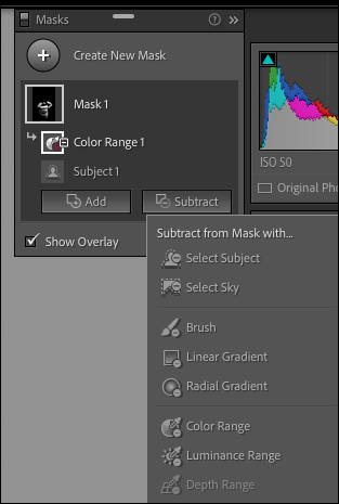 Menu pop-up que mostra as opções disponíveis quando você subtrai de uma máscara no Lightroom Classic.