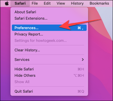 Selecione "Preferências" no menu "Safari".