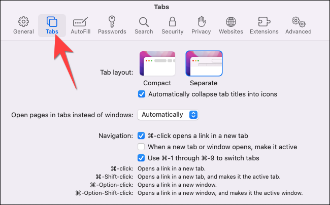 Selecione a seção "Abas" em "Preferências" do Safari.