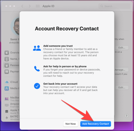 Clique no botão "Adicionar contato de recuperação".