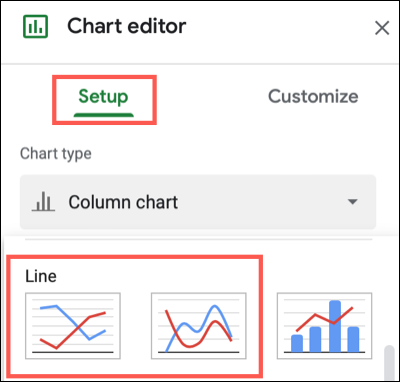 Selecione um estilo de gráfico de linha