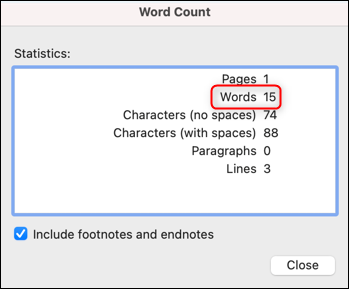 Contagem de palavras selecionadas na caixa de diálogo Contagem de palavras no Mac.
