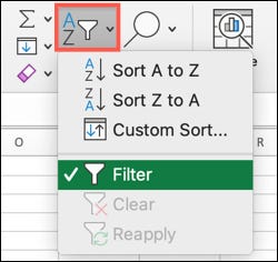 Selecione Filtro em Classificar e Filtrar