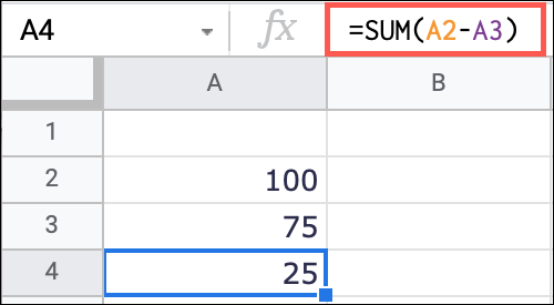 Subtraia os valores das células com a função SUM