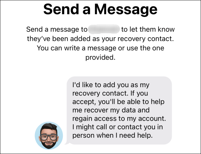 A mensagem de texto que vai como uma solicitação para adicionar o contato de recuperação.